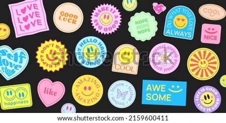 Cool Trendy Patches Vector Design. Abstract background with stickers. Good Vibes, Positive Energy and Good Luck Badges. Сток-фото © 