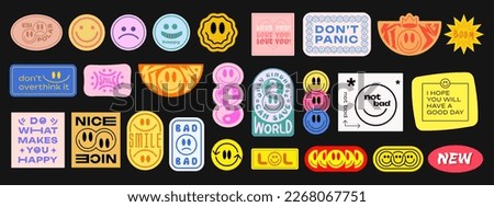 Cool Trendy Groovy Stickers Set. Collection of Y2K Patches Vector Design. Pop Art Badges. Smile Emoticons.