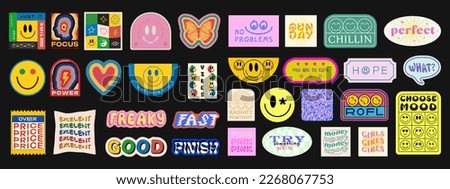 Cool Trendy Geometric Smile Stickers Set. Collection Of Groovy Patches. Pop Art Y2K Badges. Vector Emoticons.