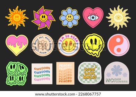 Cool Smile Y2K Stickers Set Vector Design. Trendy Pop Art Characters Patches. Groovy Badges. Retro Emoticons.