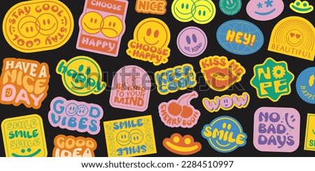 Cool Groovy Stickers Background. Y2k Patches Collage. Pop Art Illustration Vector Design. Funky Pattern.