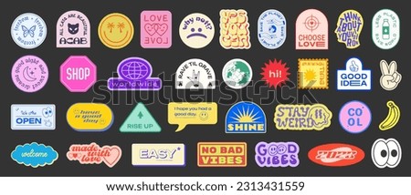 Set Of Y2k Stickers Vector Design. Cool Pop Art Elements. Trendy Patches. Retro Badges Graphics. Geometric Shapes. 