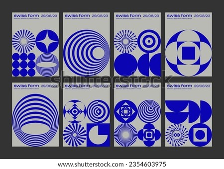 Set Of Swiss Design Inspired Posters Vector Illustration. Cool Geometric Abstract Modernist Placards. Avant-garde Geometrical Illustration. Contemporary Art Bauhaus Shapes.