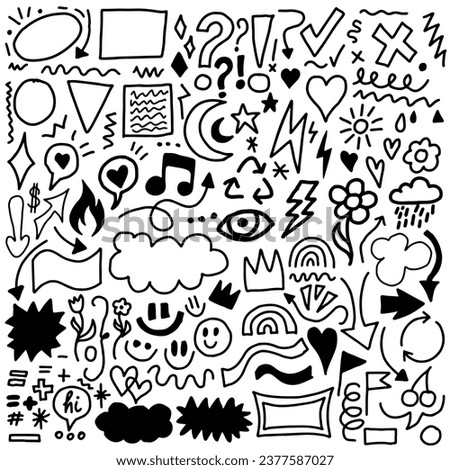 Set of Hand Drawn Doodle Elements Vector Design. Collection of Sketch Art Shapes.