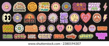 Cool Groovy Stickers Pack Vector Design. Pop Art Smile Patches. Trendy Y2K Emoji Elements. Comic Emoticons.