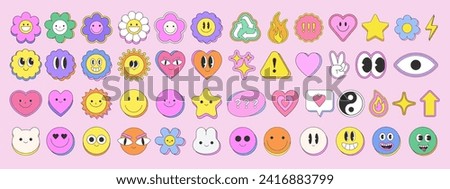 Cute Funky Emoticon Funny Characters. Trendy Y2k Smile Emoji Stickers. Groovy Happy Faces Vector Elements.