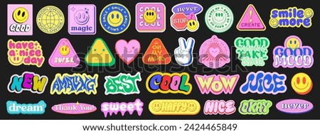 Set Of Cool Y2k Stickers Vector Design. Collection Of Pop Art Patches. Smile Emoji Graphic Elements. Groovy Badges. Graffiti Street Art Typography. 