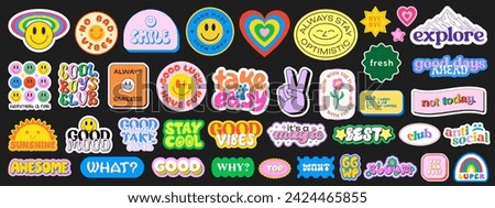 Set Of Cool Y2k Stickers Vector Design. Collection Of Pop Art Patches. Smile Emoji Graphic Elements. Groovy Badges. Graffiti Street Art Typography. 