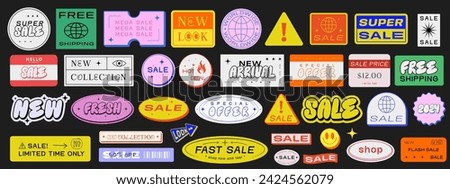 Set Of Retro Sale Stickers Vector Design . Cool Promo Patches Special Offer Discount Illustration. Y2k Label Tags. Online Stoke Shop Signs.