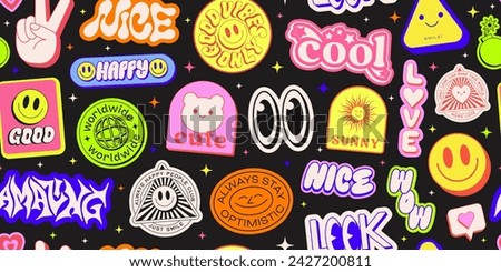 Cool Y2k Stickers Collage Seamless Pattern Vector Design. Groovy Patches Smile Emoji Pop Art Background.
