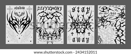 Set Of Neo Tribal Posters. Cyber Sigilism Tattoo Shape Placards. Cool Metal Album Covers.