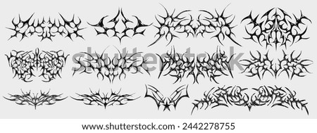 Neo Tribal Tattoo Shapes Collection. Set Of Cyber Sigilism Y2k Streetwear Elements Vector Design. Dirty Death Metal Band Logo Sign.