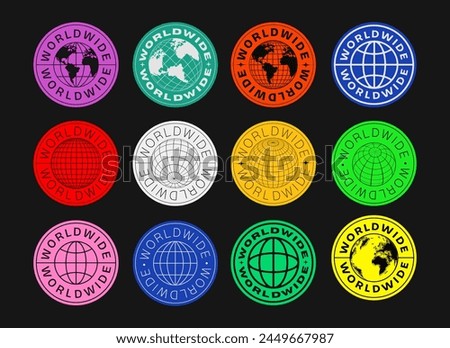 Worldwide Vector Sign. World Global Icon. Y2k Planet Earth Logo Sticker Label.