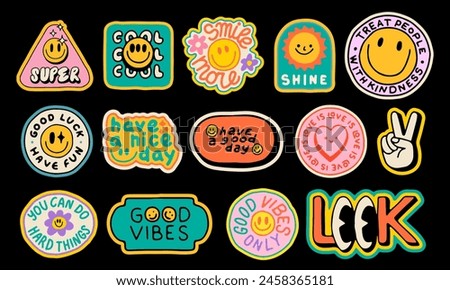 Cool Retro Hand Drawn Stickers Pop Art Style. Set Of Cool Groovy Patches Vector Design.
