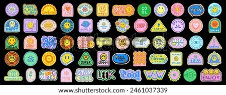 Cute Hand Drawn Y2k Patches Set Vector Design. Collection Of Cool Smile Positive Stickers. Pop Art Labels.