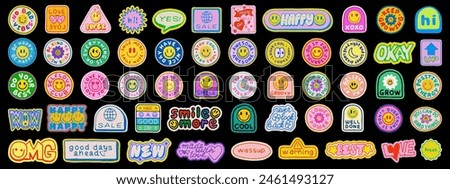 Cool Hand Drawn Y2k Stickers Set. Collection Of Sketched Groovy Smile Patches. Pop Art Funny Badges.