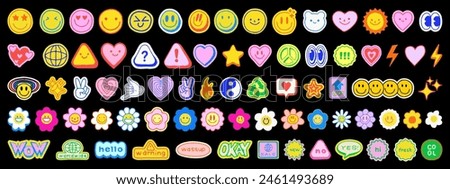 Cute Hand Drawn Elements Vector Set of Smile Signs Flower Groovy Emoticons. Funny Character Doodles. Y2k Cool Graphics.