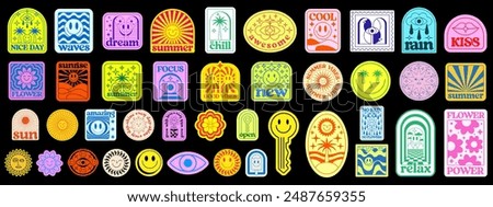 Cool Summer Stickers Pop Art Collage. Set Of Y2k Trendy Patches. Groovy Design Elements Vector Illustration.