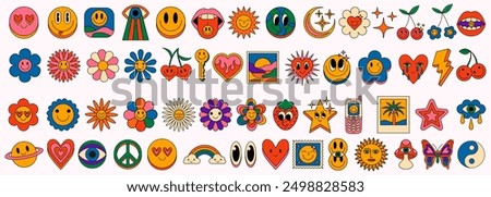 Set Of Groovy Stickers Vector Design. Collection Of Acid Trippy Icons. Emoji Smile Happy Comic Characters. Funky Retro Pop Art Illustrations. Cool Cute Cartoon Patches.