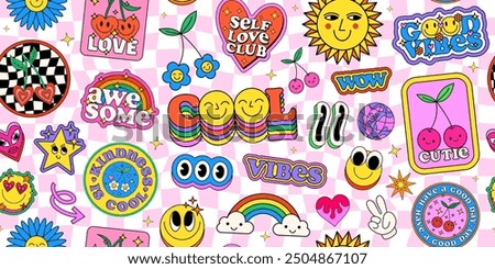 Cool Y2K Seamless Pattern Stickers Collage Background. Pop Art Groovy Patches Vector Design. Girly Texture.