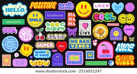 Cool Pop Art Cute Stickers Collection Vector Design. Set Of Y2k Positive Smile Patches. Groovy Badges.