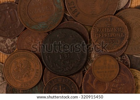 Different coins of imperial and Soviet Russia. Old money. Small iron and copper coins.
