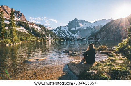 Similar – Image, Stock Photo Woman hiker standing and looking at Sil Canyon