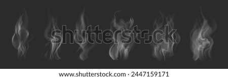 Set of realistic smoke pattern or fire steam effect isolated on dark background. White smoke or misty fog with overlay texture. Transparent smoke or cloud set as vector weather element. Chimney smoke