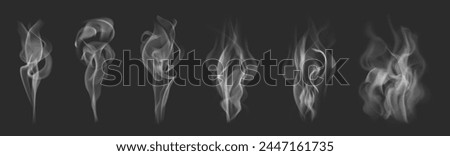 Realistic transparent smoke effect or fire steam pattern in white and gray color on black background. Cigarette or chimney smoke art. Vector weather element. Misty fog, fume wave or cloud silhouette.