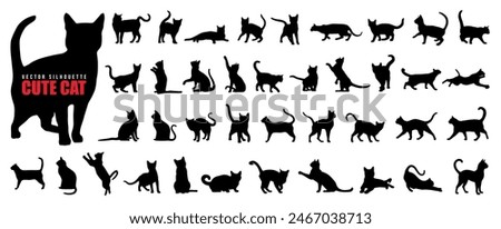 Set of vector cute cat silhouette in different poses isolated on white background. Kitten, kitty or pet animal line art drawing. Funny or wild cat cartoon sticker. Black cat silhouette, symbol or icon