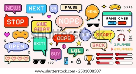 Pixel speech bubble, dialogue box, retro game icon and flash message frame collection for mobile app or computer video game technology. 8 bit pixel game element or symbol. Cyberspace online gaming art