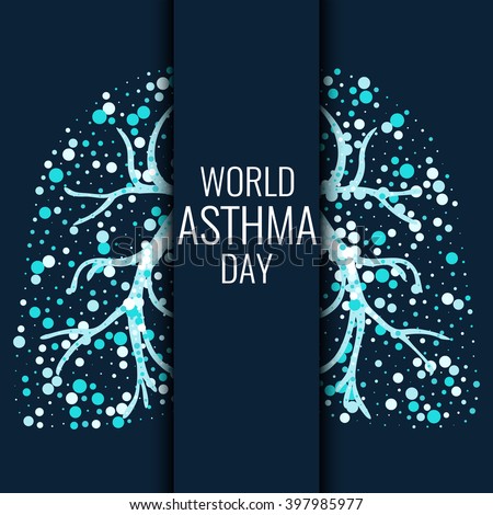 Bronchial asthma awareness poster with lungs filled with air bubbles on dark background. Healthy respiratory system concept. Vector illustration.