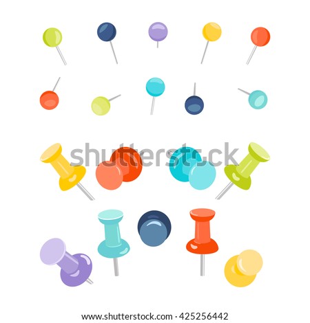 Set of push pins in different colors on white background. Office thumbtacks stationery products. Needles and tacks. Vector illustration.