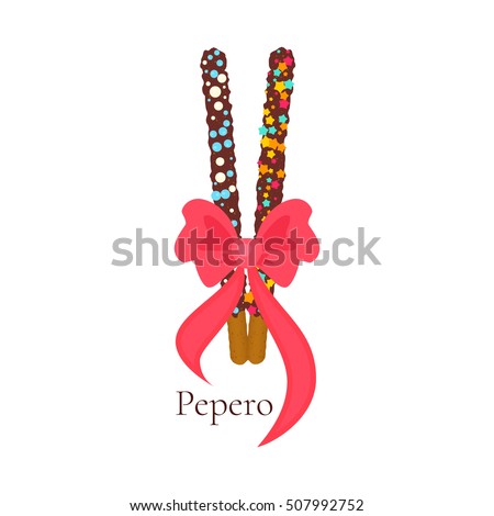 Pepero card design template with South Korean sticks and a bow. Assorted biscuits covered with chocolate and festive sprinkles on white background. Food vector illustration.
