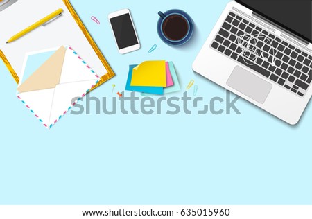 Workplace vector mock-up set. Flat lay top view on realistic mobile phone, laptop, earphones, paper, pen, envelope, stickers, clips, coffee cup. Blog header. Home office, freelance concept.
