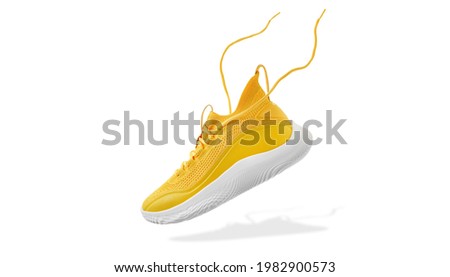 Flying yellow leather womens sneaker isolated on white background. Fashionable stylish sports casual shoes. Creative minimalistic layout with footwear. Mock up for design advertising for shoe store Foto stock © 
