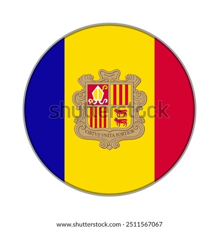 The flag of Andorra. Flag icon. Standard color. Round flag. Computer illustration. Digital illustration. Vector illustration.