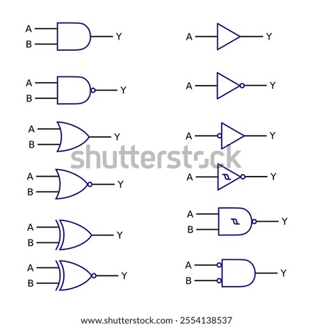 Vector set of logic gate symbols, symbols for logic gates. Isolated on a white background. Digital logic gates.