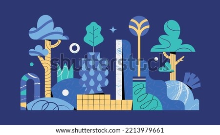 Blue, abstract and geometric landscape, with trees, plants, ceramics and pottery. 