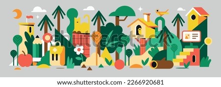 Trendy vector illustration for web. Colorful banner with plants, trees, houses and geometric forms. Flat design. Minimalist landscape artwork. Beautiful header with nature and architectural elements.