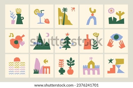 Various healthy life scenes in naive and cut style with simple and irregular shapes, Abstract vector composition set