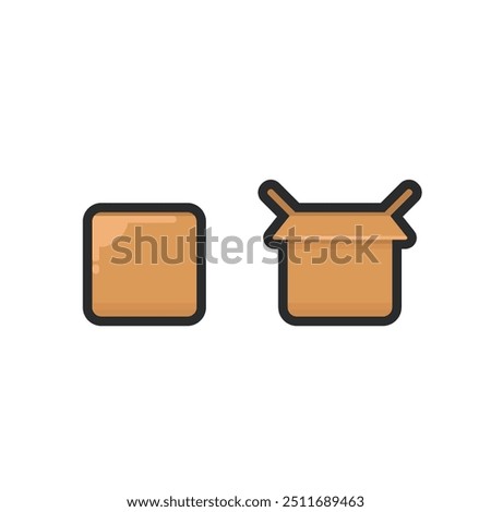 open and close cardboard box in outline flat vector design.