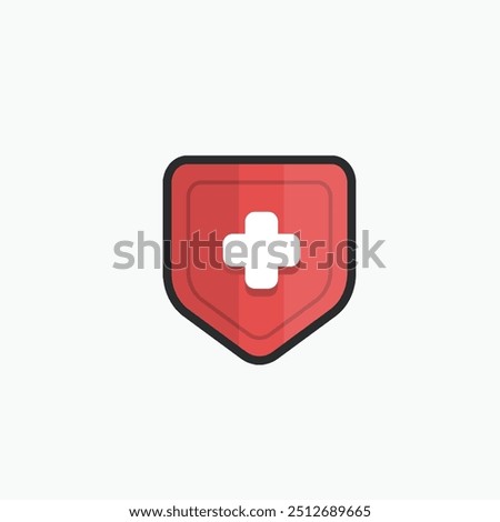 red shield with plus sign in outline flat vector design.