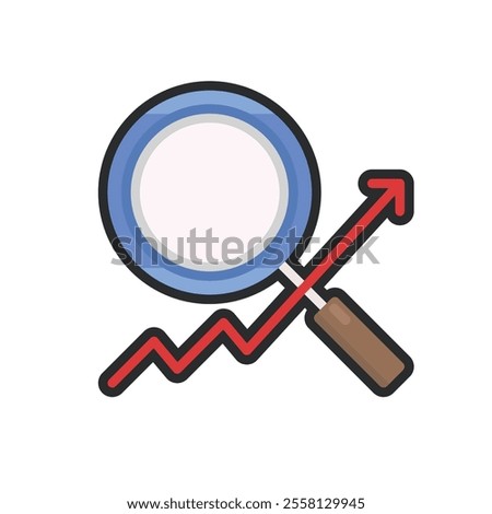 magnifier with up arrow in outline flat vector design.