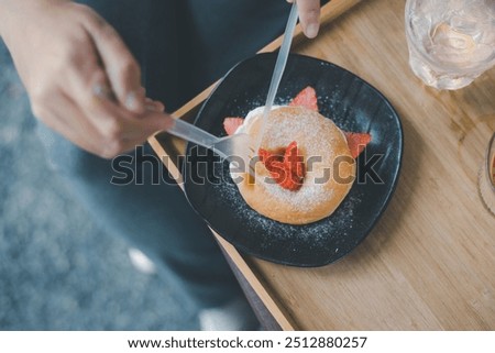 Similar – Image, Stock Photo Woman eating delicious cheesecake with jam