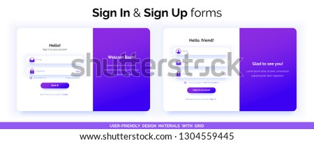 Set of Sign Up and Sign In forms. Purple gradient. Registration and login forms page. Professional web design, full set of elements. User-friendly design materials.