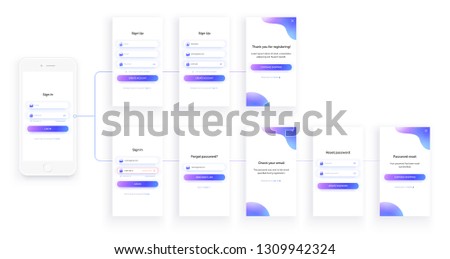 Mobile app UI kit. Sign up form, sign in page. Full Set. Login, registration, check email, reset password and forgot password screens. Trendy purple colors. Realistic mock up of white smartphone.
