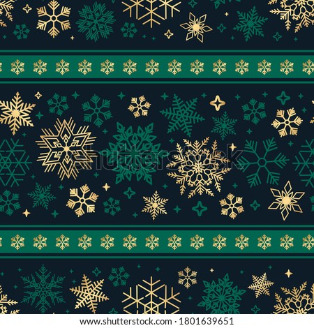 Seamless ribbon with Christmas snowflake pattern. Green and gold colors.