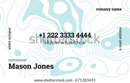 White and blue business card template for nutritionist. US standard size 3.5x2 in. With bleed size 0.125 in. Vector. Minimal and easy style. Abstract organic pattern. A concept for health workers.