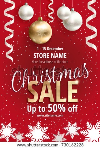 The Christmas sale. Advertising poster for the store. Discounts up to 50 percent. Red banner for website or flyer. Realistic vector. Proportional to A3. Festive new year design template. EPS10.